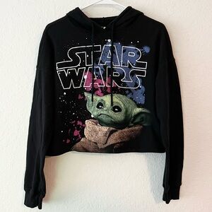 Star Wars The Child Grogu Yoda Black Paint Splatter Cropped Graphic Hoodie L